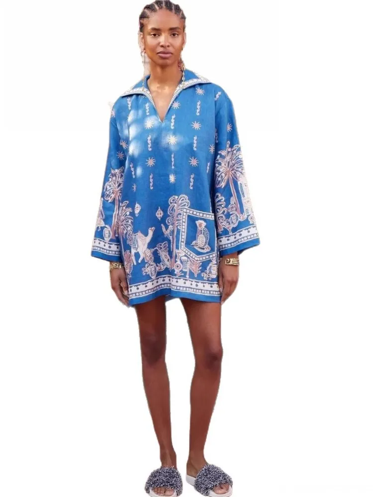 Langarm Drucken Böhmen A-Line Kleid Frauen V-ausschnitt Sexy Club Mini Kleider 2026 Frühling Sommer Dünne Stretchy Party Vestidos