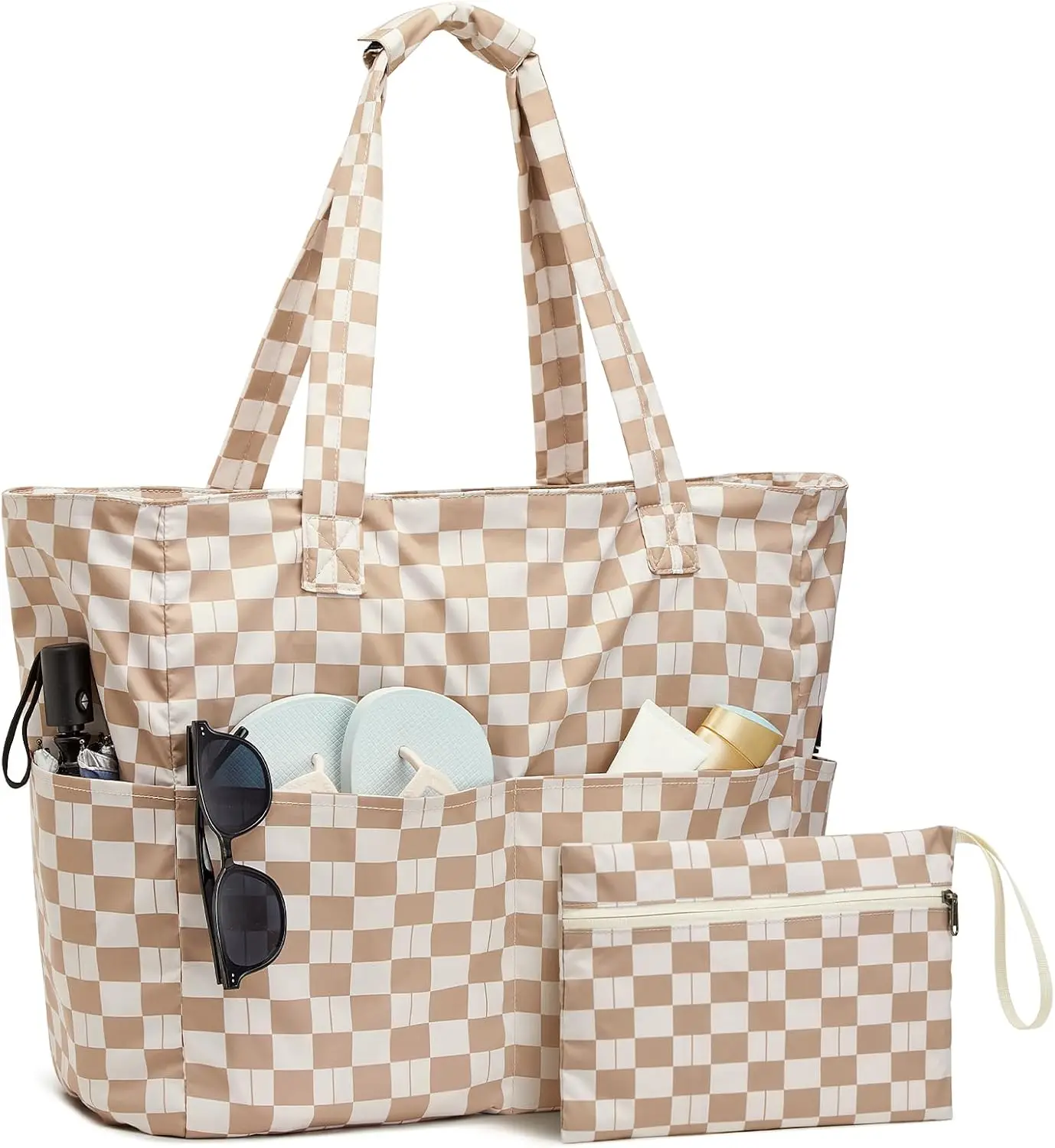 

Waterproof Beach Tote with Zipper, Large Foldable Sandproof Bag for Women Pool Travel Grocery