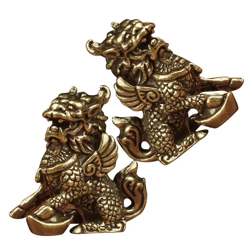 1Pair Vintage Brass Kylin Statues Small Desktop Decor Unique Creative Brass Animal Ornaments Home Garden Luck Decoration