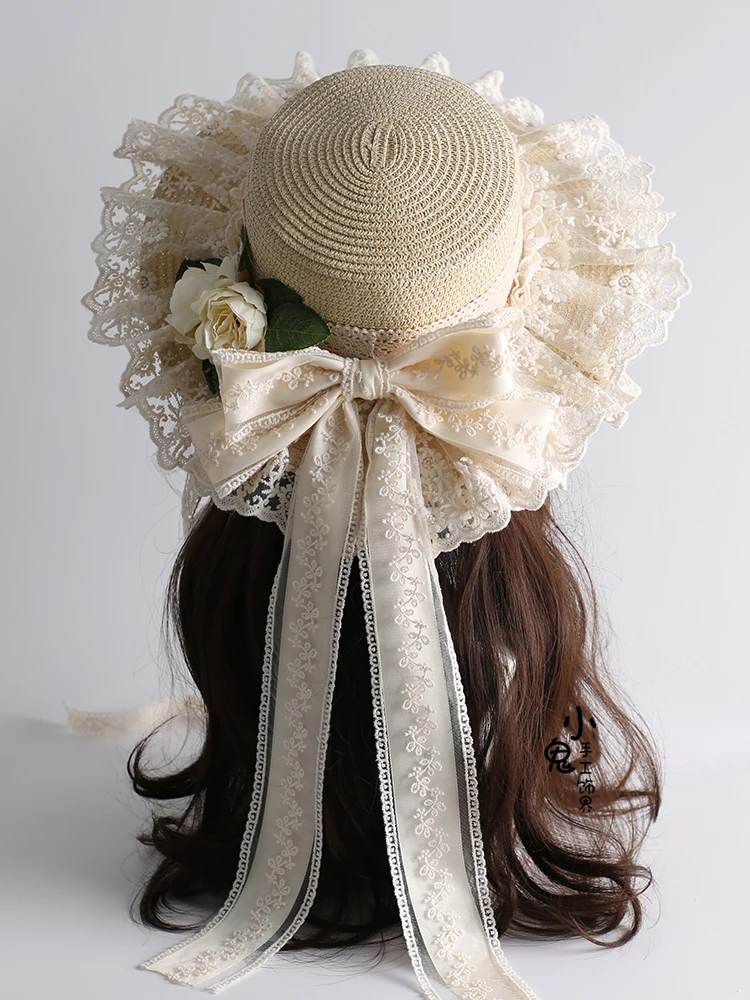 

Original Mori tie sun hat Pastoral lo Niang soft girl straw hat doll lace bow ribbon hat