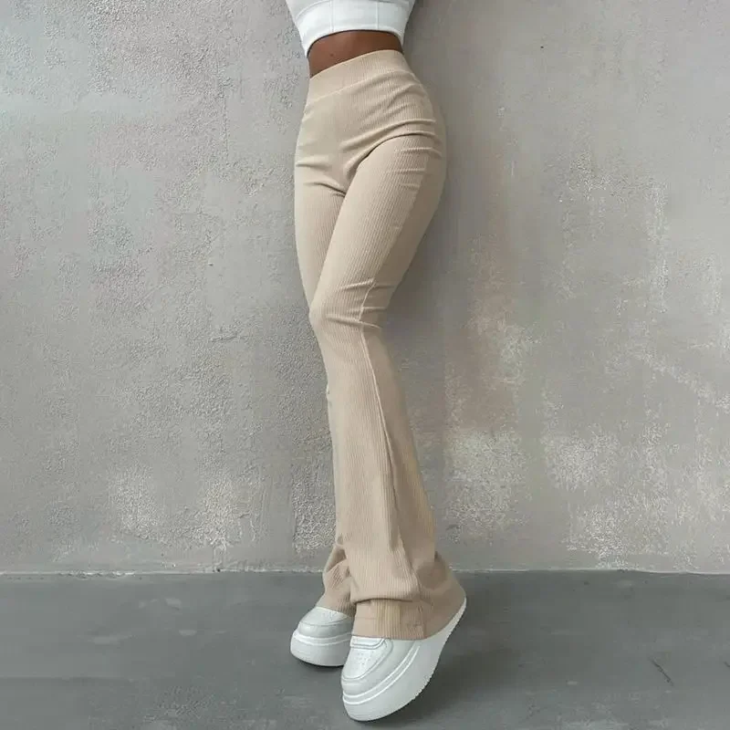 2024 European and American Fashion Style Simple Thread Solid Color High Waist Slightly Raised Personality Versatile Slim Pants