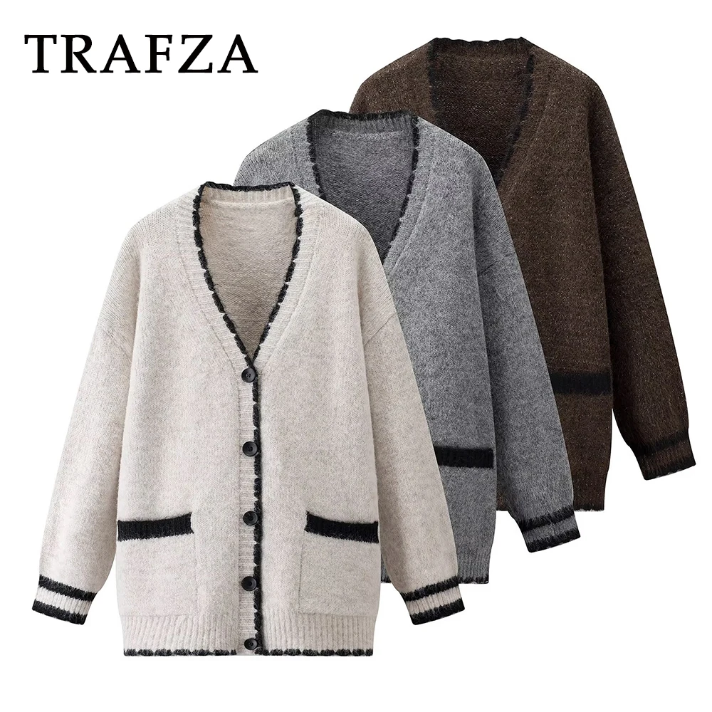 

TRAFZA Chic Casual 2025 Women Solid Vintage Sweaters V-Neck Pockes Long Streetwear Single Breasted Elegant Oversized Outwear