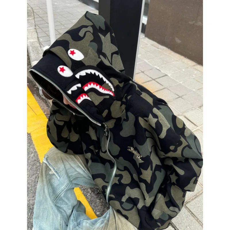 Women Retro Hip Hop Trendy Hoodie Camouflage Sweatshirt New Autumn Couple Zipper Open Cardigan Jacket Loose Fit Casual Wear