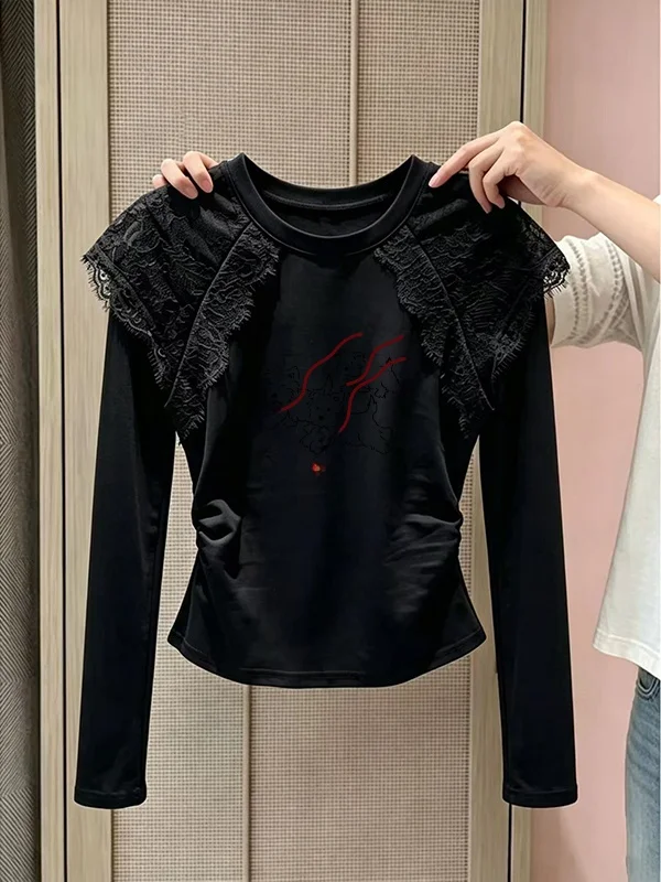 Unique Pure Cotton Long Sleeve T-Shirt Women's Early Spring New Style Youthful Slim Fit Pleated Special White Lace Top Trendy