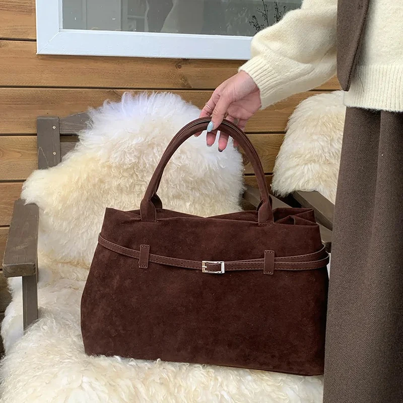 

Fall Winter Retro Matte Suede Handbag Women Casual Belt Design Large Capacity Work Shoulder Tote Bag