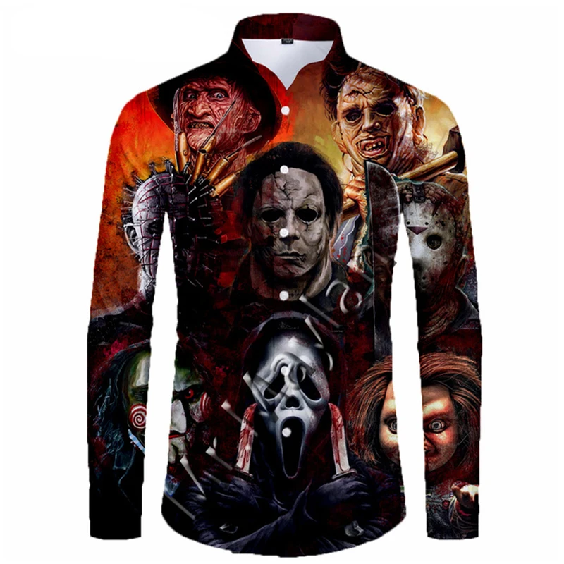 Horror Movie Full 3D Printed Shirts Men Fashion Halloween Long Sleeve Streetwear Oversized Top Homme Clothes Social Camisas