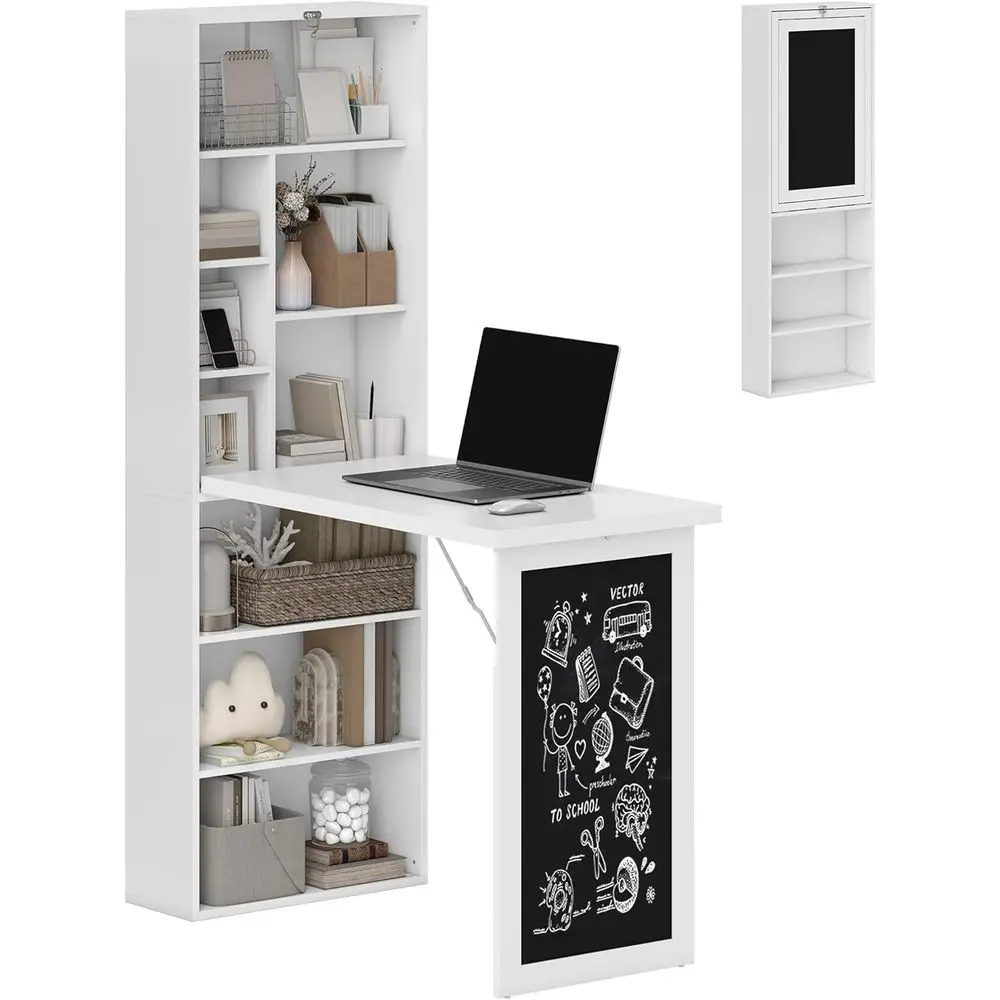 

Convertible Wall-Mounted Writing Desk with Chalkboard and Storage for Small Spaces: Home Office, Bedroom, Dorm, White