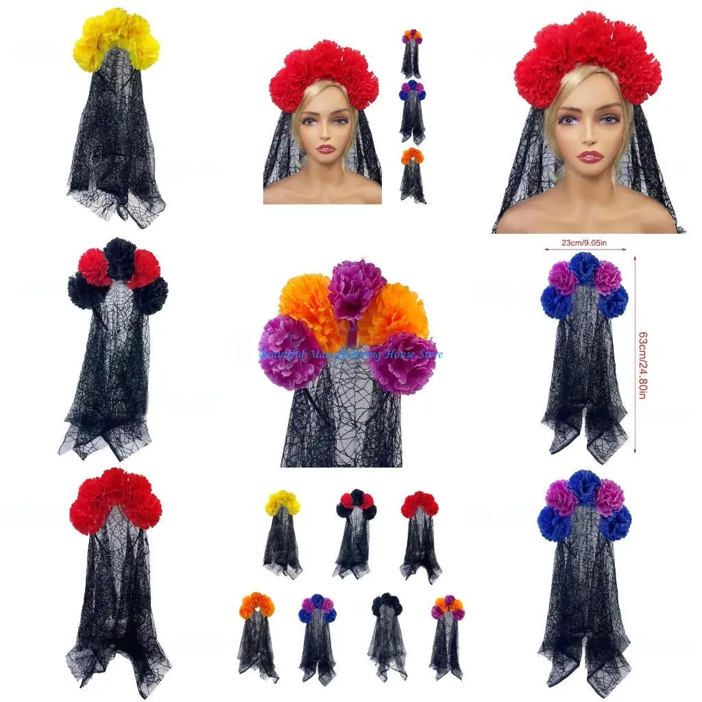 

E56A Delicate Halloween Accessory Set Adjustable Flower Headband with Black Mesh Shawl Adult and Teen Halloween Headwear