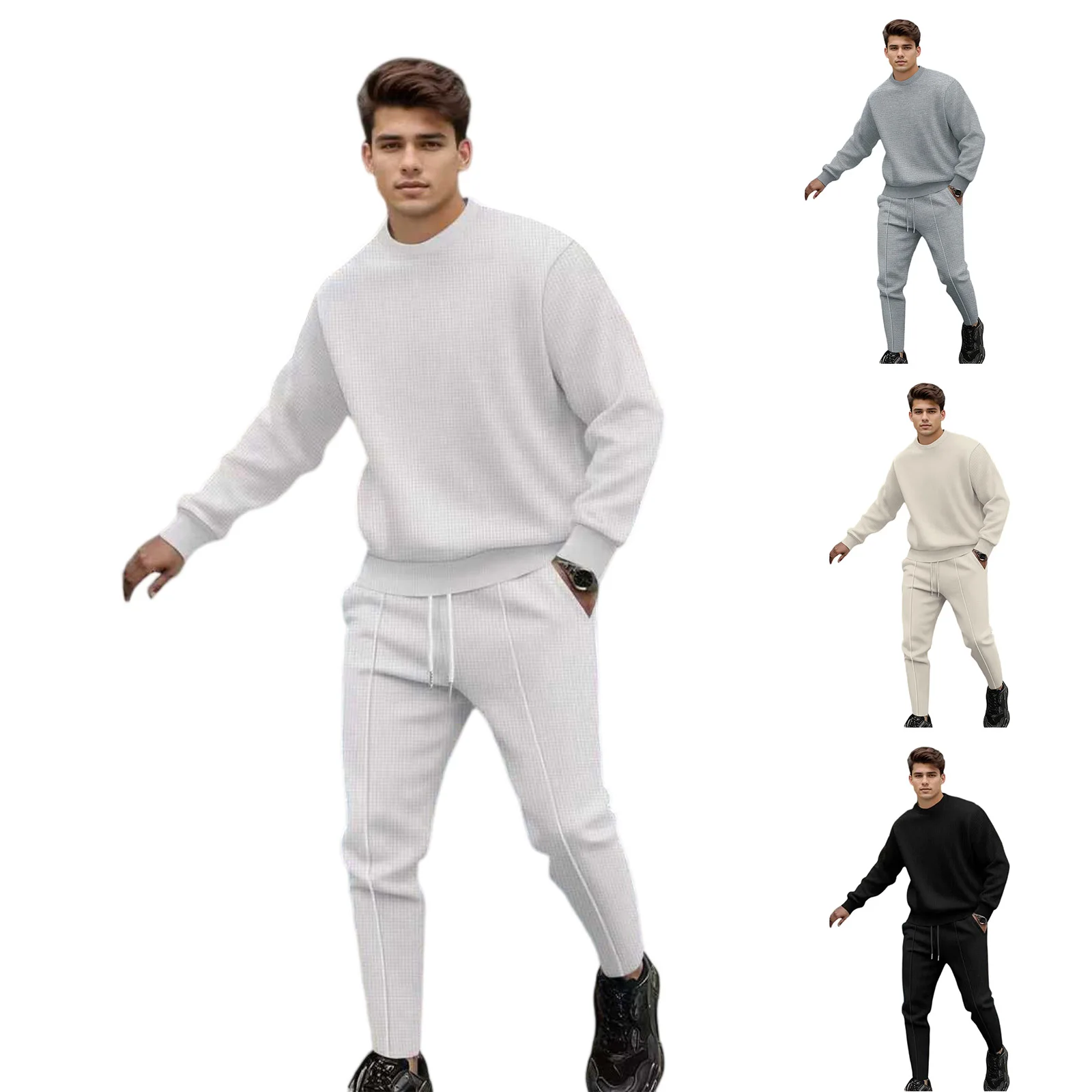 

Мужской однотонный брючный костюм в минималистском стиле, повседневный пуловер с длинным рукавом и круглым вырезом, уютные брюки на шнурке, повседневный мягкий наряд