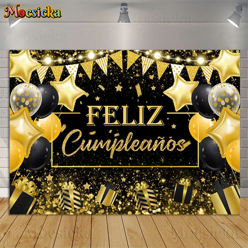 Feliz Cumpleaños Backdrop Gold Glitter Shining Dots Balloon Aldult Happy birthday Party Background Decoration Banner Photo Booth