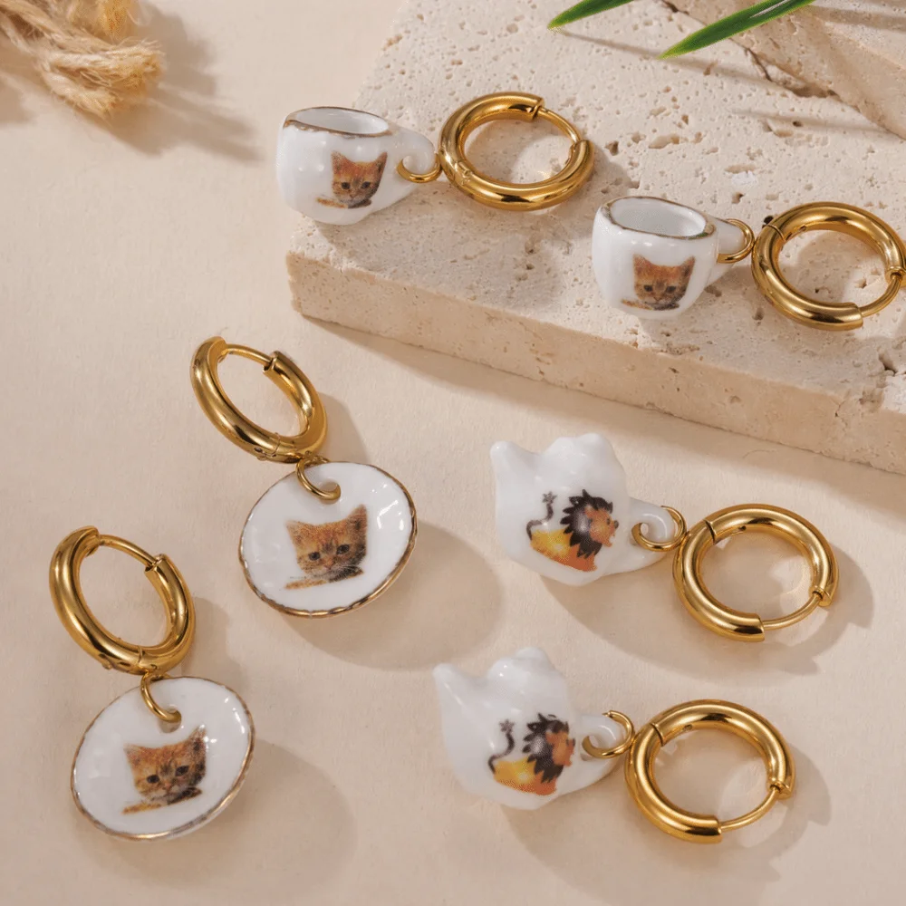 Dripping Oil Ginger Cat Pattern Hoop Earrings Cute Stainless Steel Plate Teacup Tea Pot Ear Buckle Sweet Y2K Porcelain Earrings
