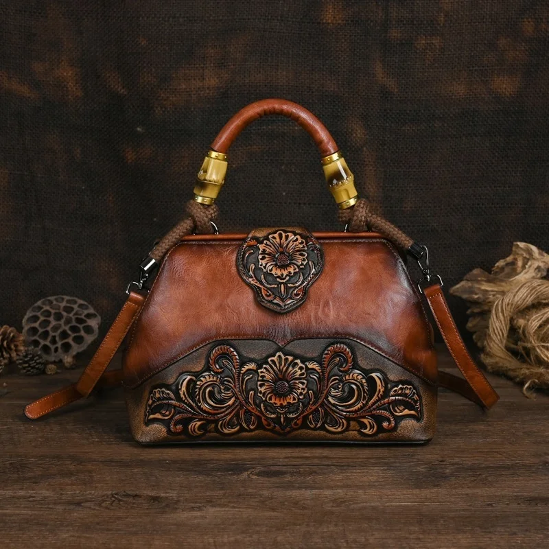 Vintage New Designer Luxury Bags For Women Leather Handbag Women's Bag 2024 Trend Handmade Carved Ladies Shoulder Bags