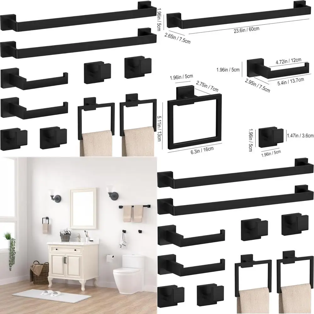 

23.6 Matte Black Stainless Steel Bathroom Accessory Set, Wall-Mounted Towel Racks, 10-Piece SUS 304 Hardware