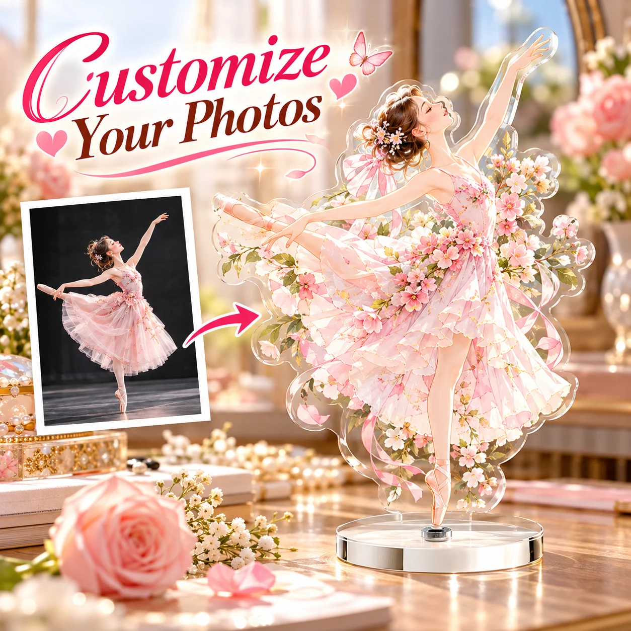 Custom Double Sided Rotating Standee Acrylic 360 Swivel Photo Frame Personalized Picture Desk Display for Home Office Decor Gift