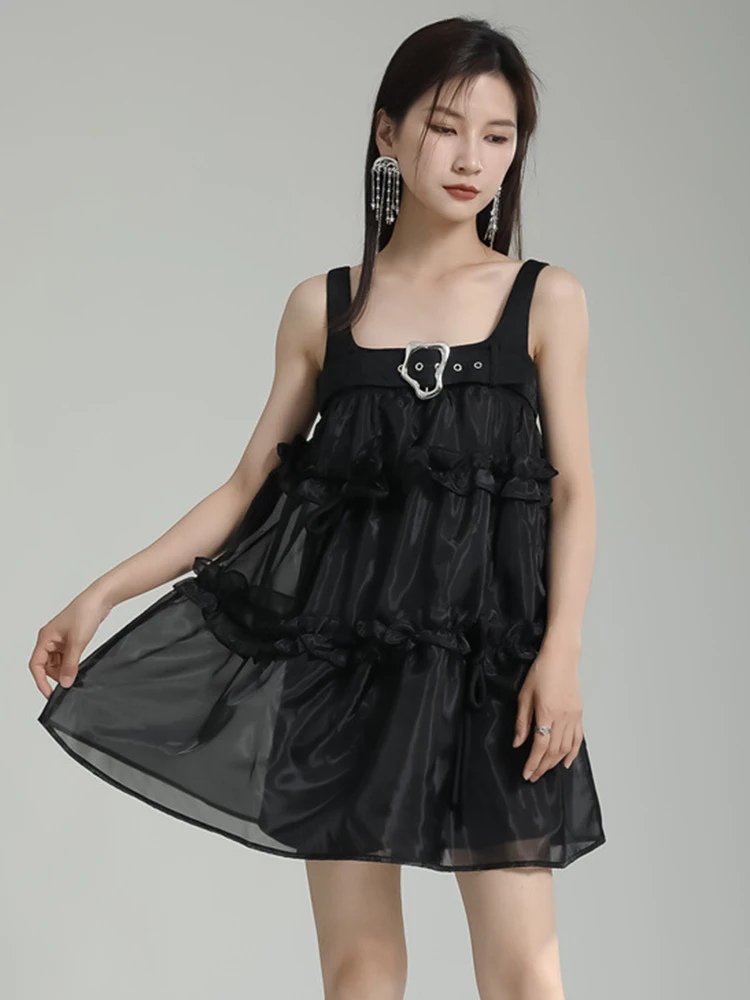 [EAM] Women Black Buckle  Mesh Perspective Mini Dress New Square Collar Sleeveless Loose Fit Fashion Spring Summer 2024 1DF7532