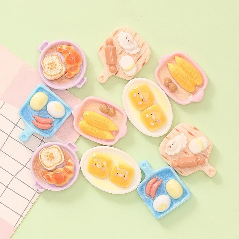 10pcs Cute Food Plate Bread Toast Diy Handmade Cream Glue Hairpin Keychain Shoe Buckle Resin Jewelry Accessories