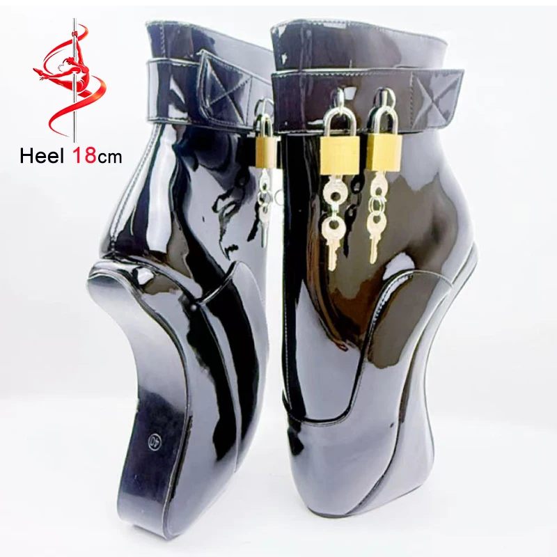 

Spring Fall Black Leather Splicing Women's Ankle Boots Alien Heels 18CM Round Toe Zipper Belt Buckle 2 Locks Short Boots Shoes