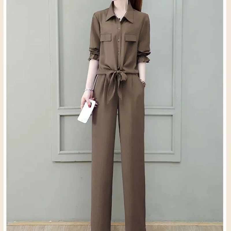 Spring Autumn Solid Color Ladies Suits Women Turn-down Collar Long Sleeve Button Lacing Shirt Elastic Waist Pockets Trousers