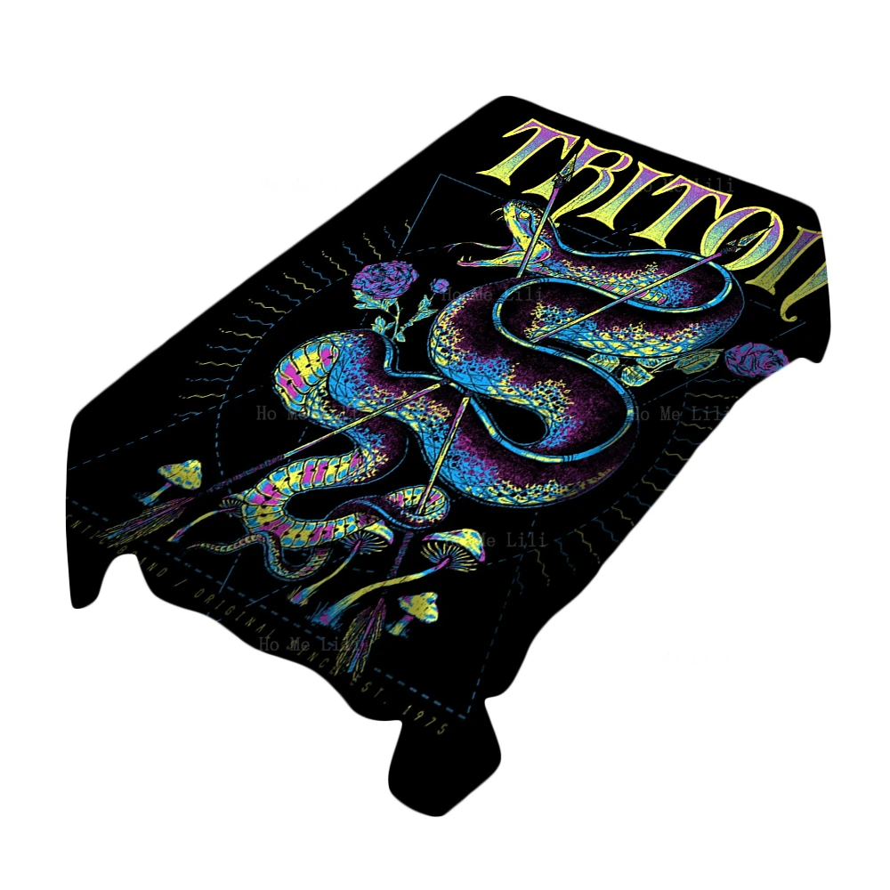 Snake Tattoo Mushroom Floral Arrow Psychedelic Old School Tattooed Polyester Fabric Tablecloth