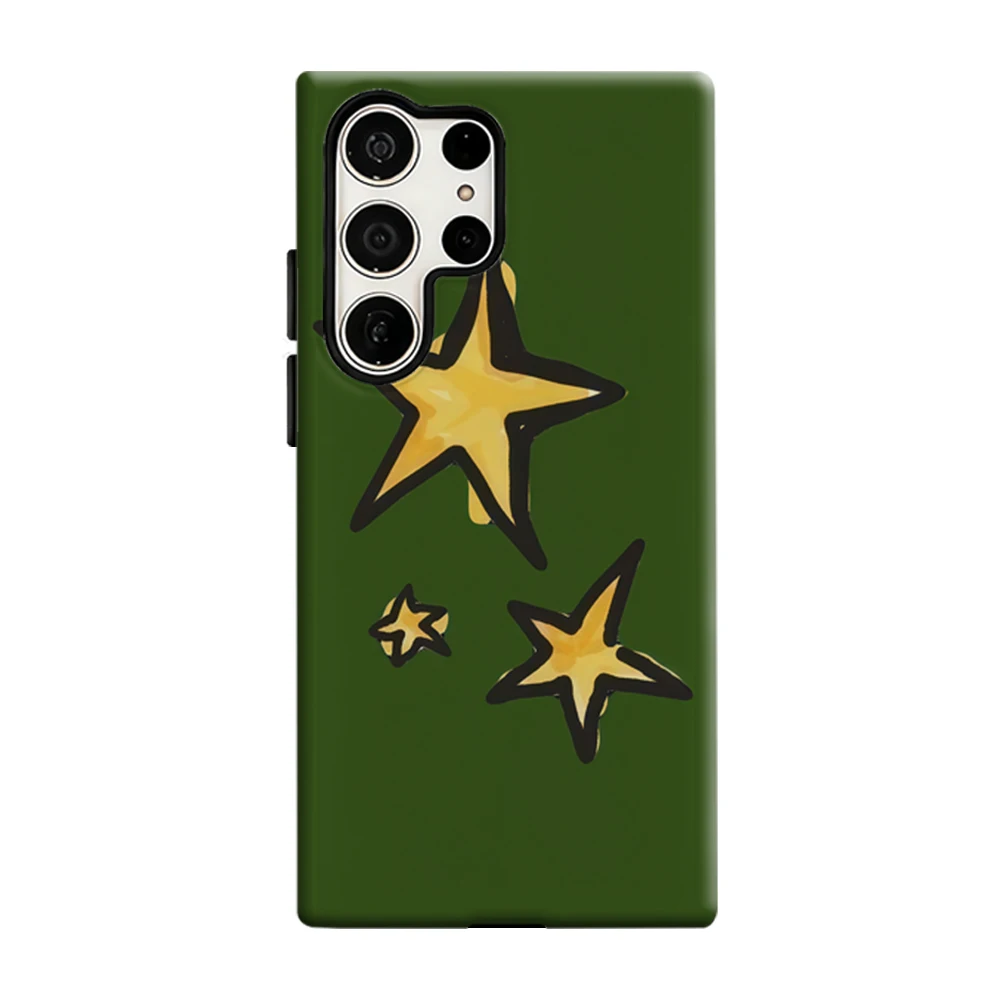 Yellow Stars Green Phone Case For Samsung Galaxy S25 S26 Ultra S24 S23 Plus Shockproof Double Layer Tough Back Cover