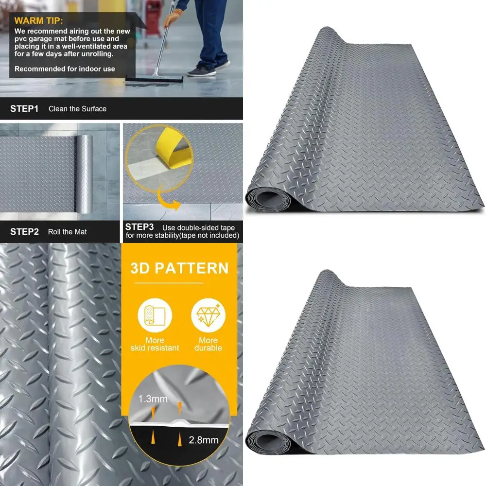 

Thickened 4x10FT Diamond Plate PVC Rubber Mat for Garage, Motorcycle, and Cart Parking, Grey Non-Slip Floor Protector