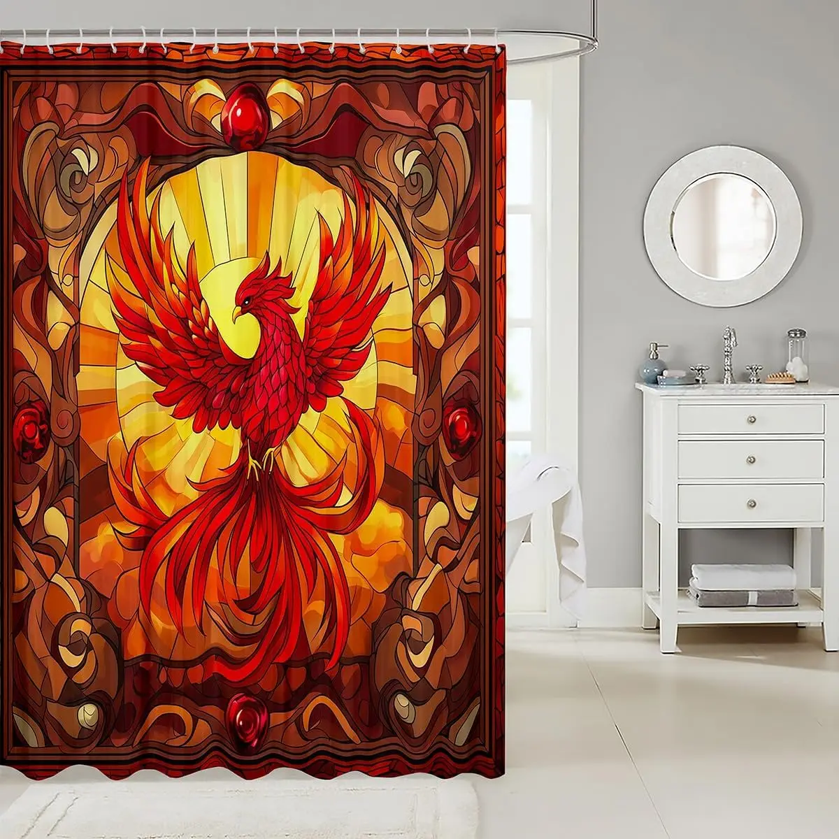 Kids Phoenix Bird Shower Curtain, Retro Red Brown Geometric Abstract Patchwork, Waterproof Fabric Bathroom Curtain with Hooks