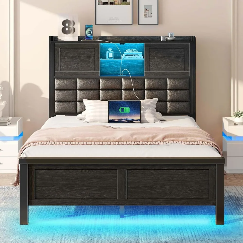 

Bed Frame Twin Size with Charging Station, Bookcase Headboard Beds with LED Light and Sliding Doors, Children Bed