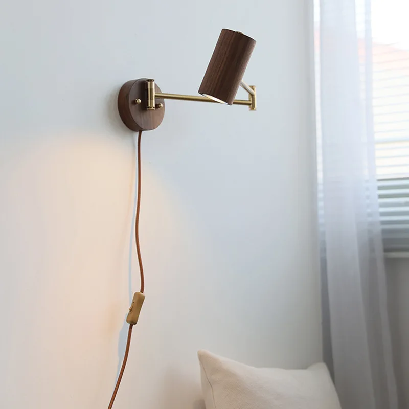 Japanese Nordic Walnut Wood Wall Lamps Rocker Arm Indoor Light Art Home Decoration LED Chandeliers for Bedside Sofa Corner Study