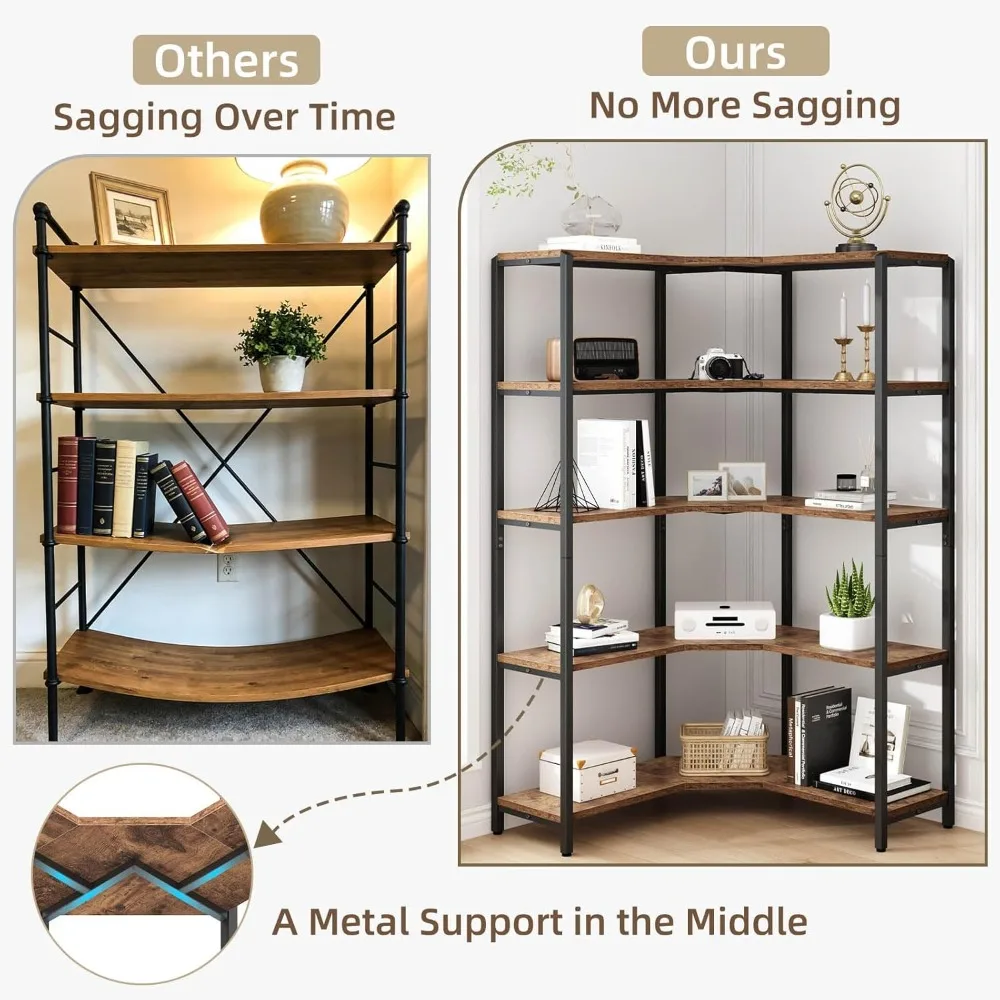 

Rustic Bookcases and Book Shelves, L Shaped 5-Tier Corner Bookshelf Book Rack Storage, Industrial Vertical Metal, Customized