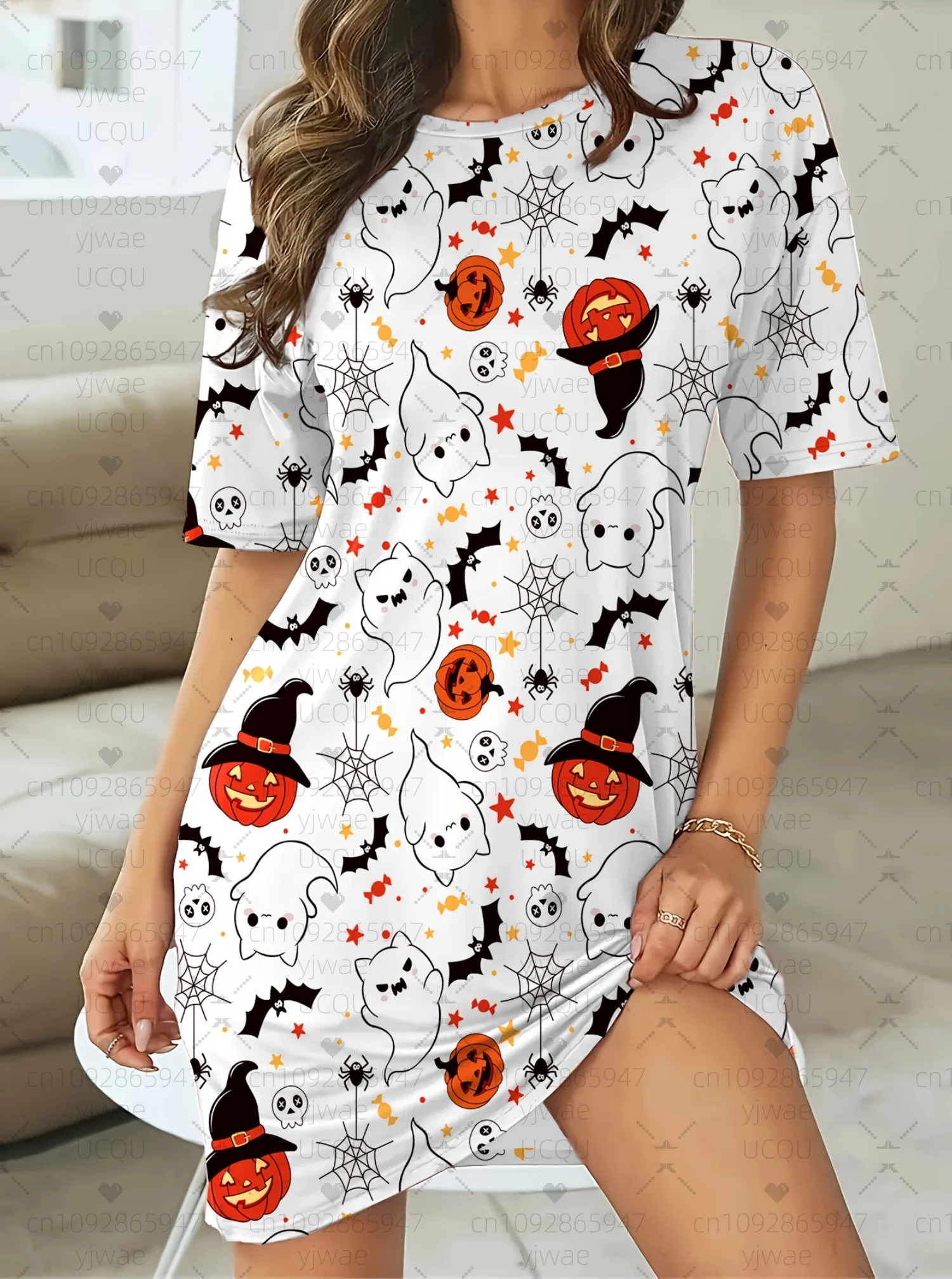 2025, Sommer-Damen-T-Shirt-Kleid, Halloween, gruselige Hexenfledermäuse, bedruckt, O-Ausschnitt, Damen-Kurzarm-Pullover, Kleider, Damenbekleidung