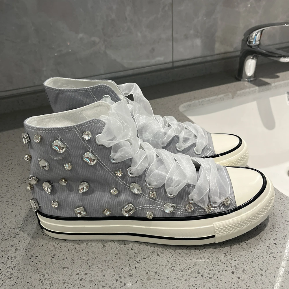 Women Sneakers Hand Sewed Crystals High Top Gray Customize Other Color Personalized Lace-up Round Toe 2CM Flats Canvas Shoes