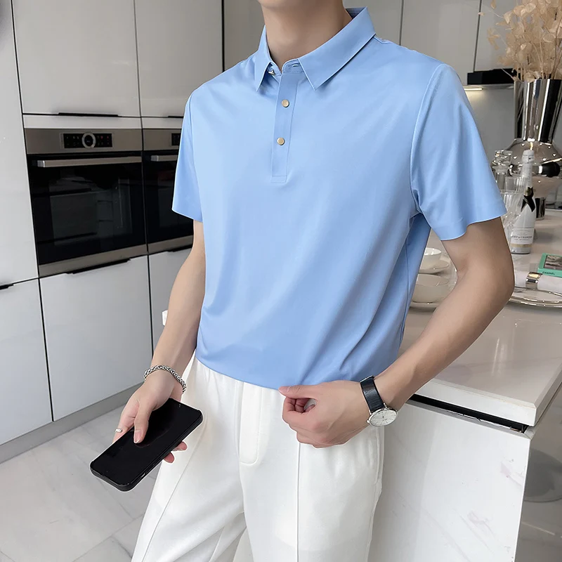 

Summer Men Polo Shirt Highly Elastic Ice Anti-wrinkle Solid Short Sleeve Casual Stretch Classic Work Slim Fit T-shirt for Men