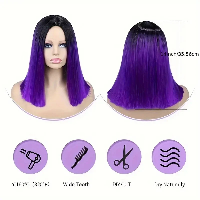 14 Inch Black To Purple Bob Wig Straight Shoulder Length Short BobCut Wig For Women Synthetic Fiber Hair Wig For Party