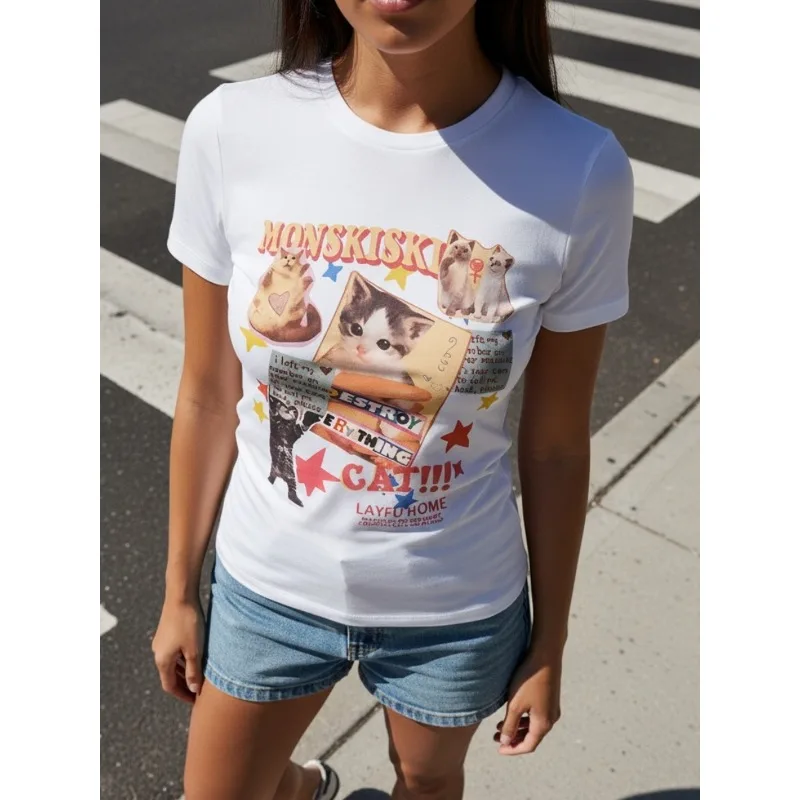 1pc Women'S Round Neck Tight Top Cartoon Animation Cat Heart Star Individual Print Niche Easy Age-Reducing Fun Elegant T-Shirt