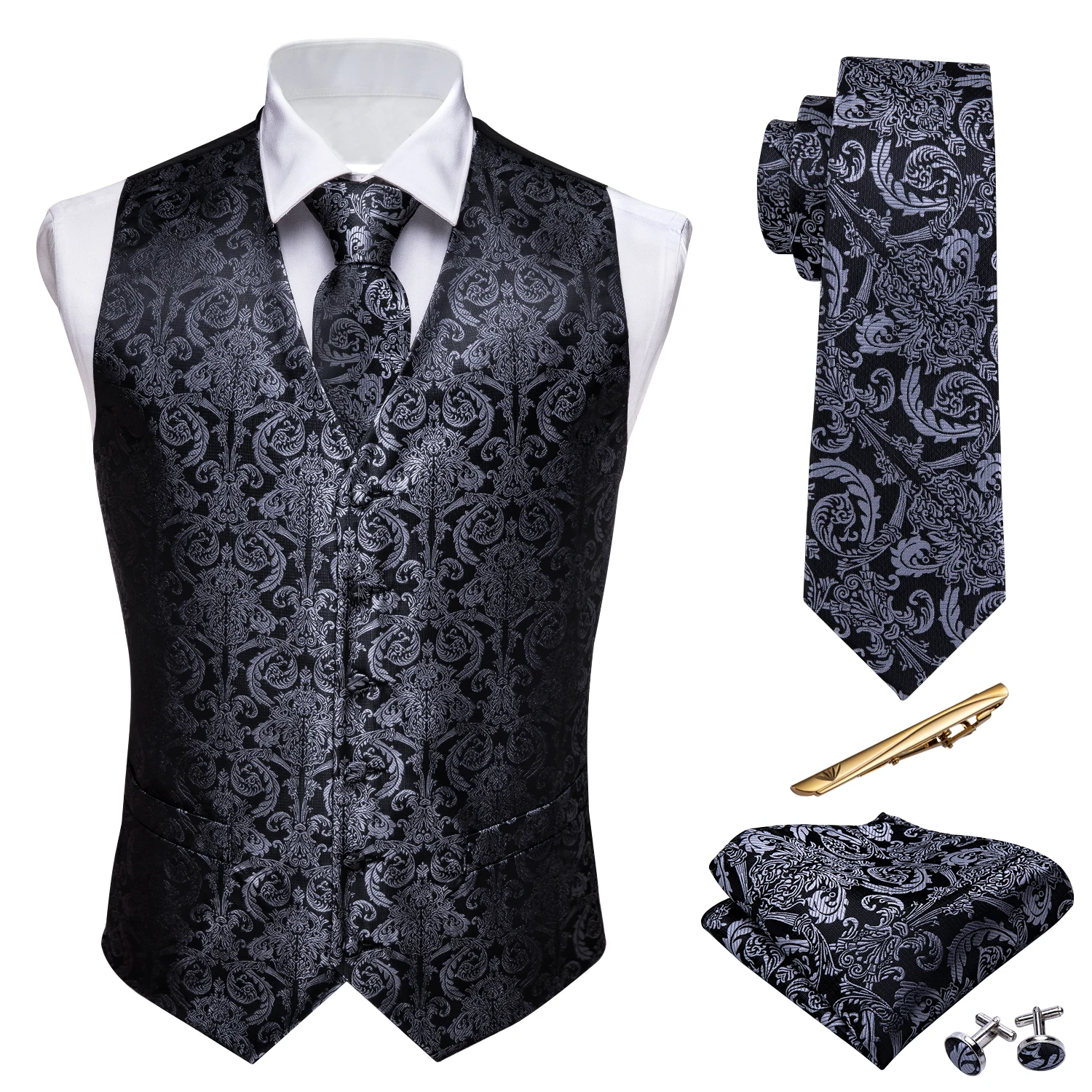 Barry.Wang Suit Vest 16 Colors Men's Vest Silk Paisley Tie Hanky Cufflinks Set Men Waistcoat Sleeveless Business Party Jacket