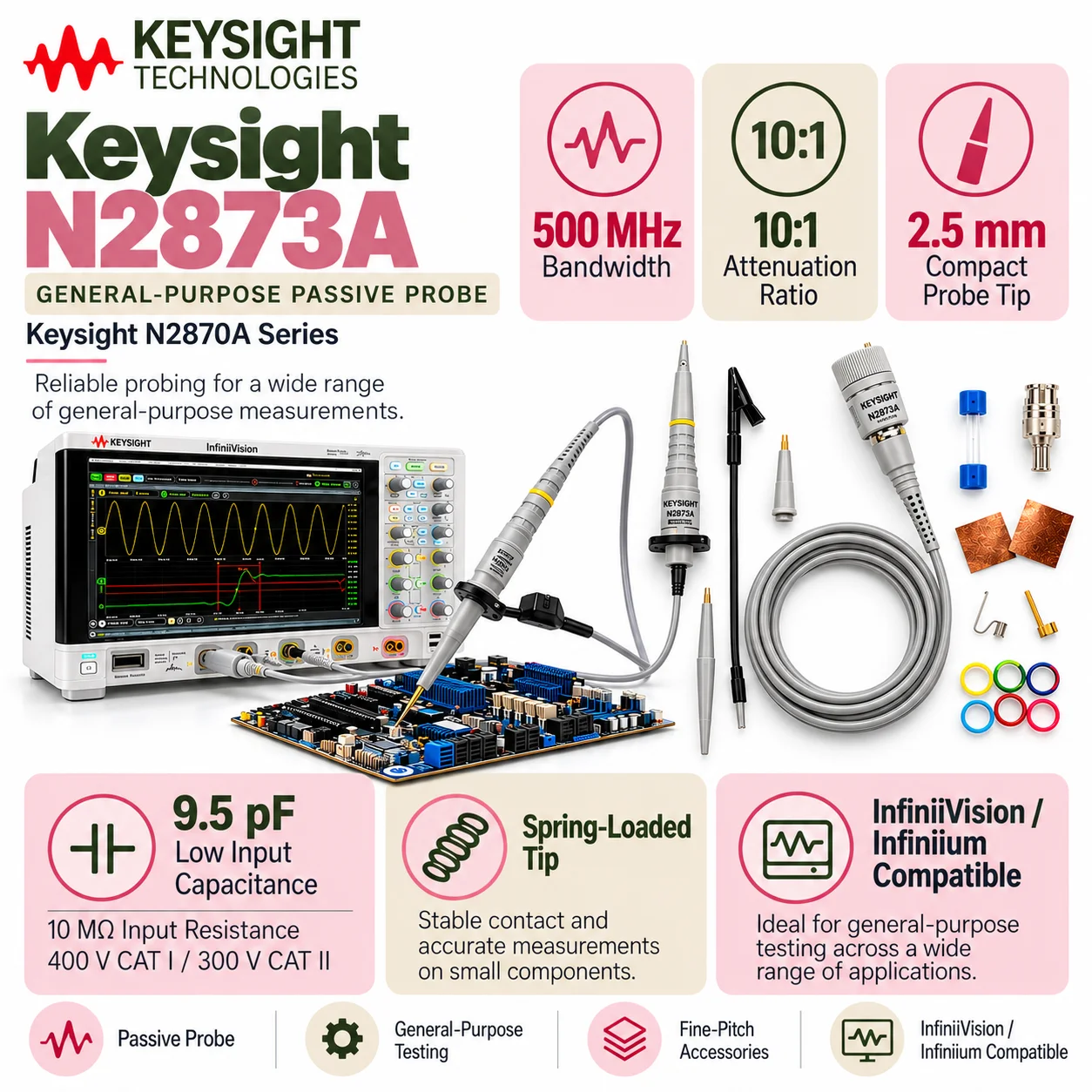 KEYSIGHT N2140A N2840A 10070D Oscilloscope Probe, Passive High Impedance 20MHz 1:1 Test Probe, High Voltage Scope Accessory
