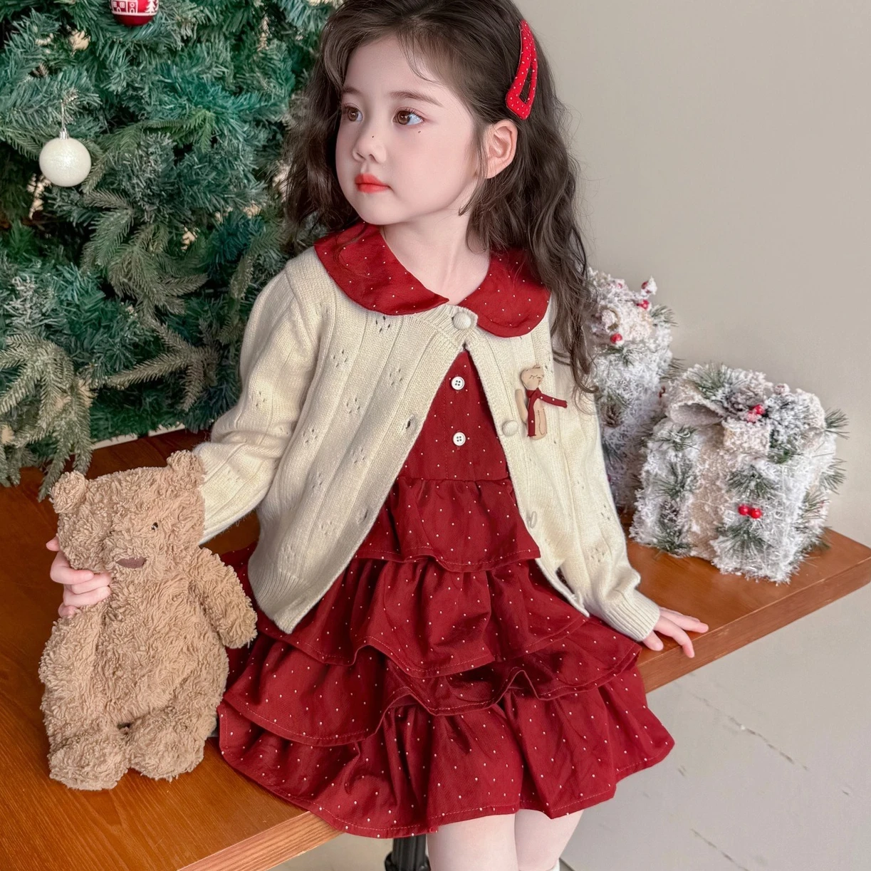 

Girls Suit 2025 Autumn and Winter New Children's Clothing Korean Wind Girl Baby Fashion Cute Cardigan Cake Skirt Two Sets