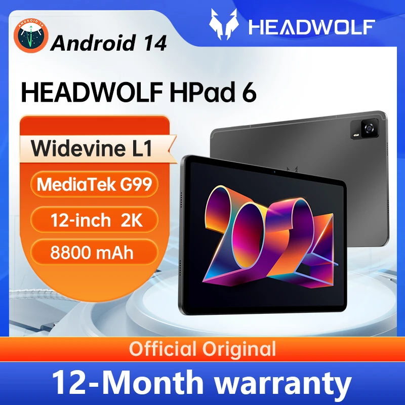 

Headwolf HPad6 Tablet Android14 WidevineL1+Netflix 12"2K screen HelioG99 8GB(+12GB)RAM+256GB Tablet PC Dual SIM Card 8800mAh