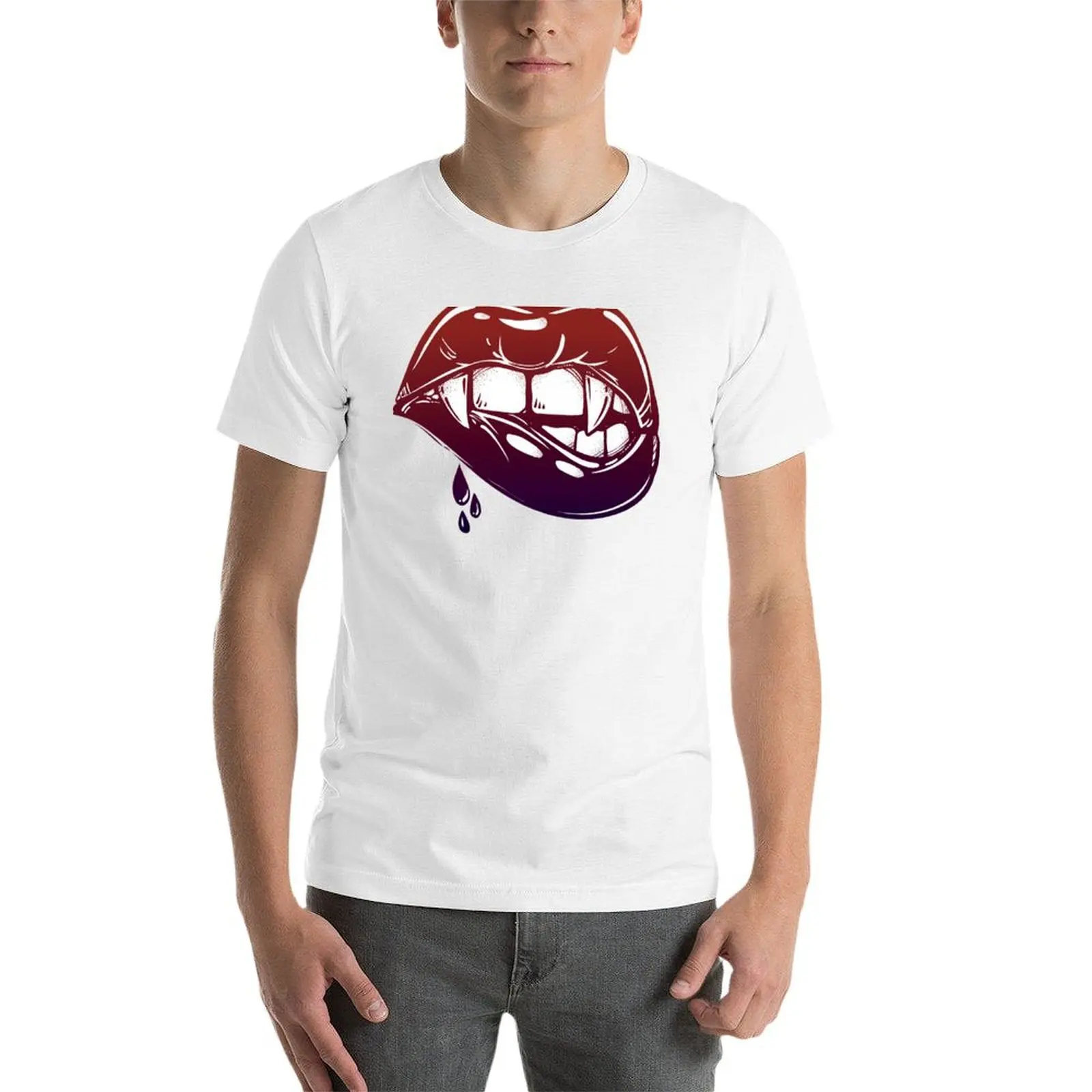 Sexy Vampire Lips with Blood Dripping T-Shirt Big and Tall Basic Tee Shirt view 3