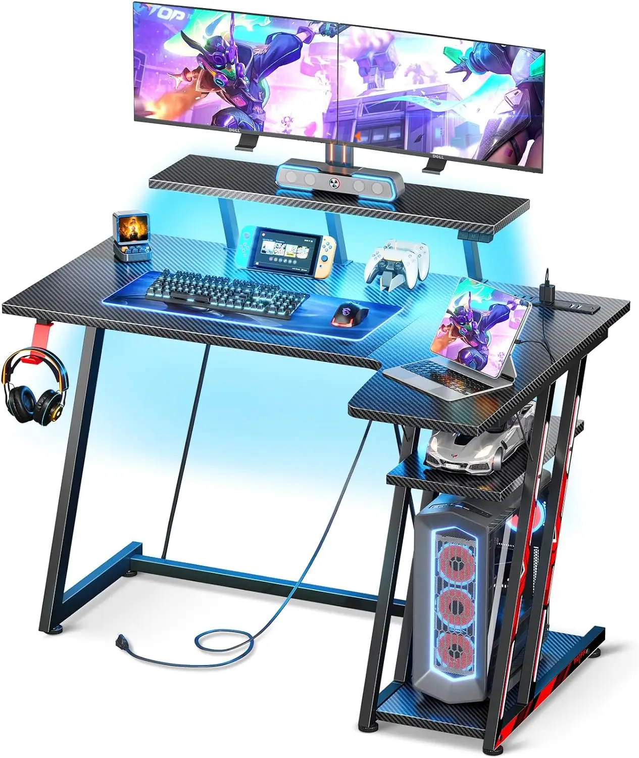 Small Gaming Desk with LED Lights & Power Outlets, 39 Inch L Shaped Gaming Computer Desk with Storage Shelf, Gamer Desk with Mon