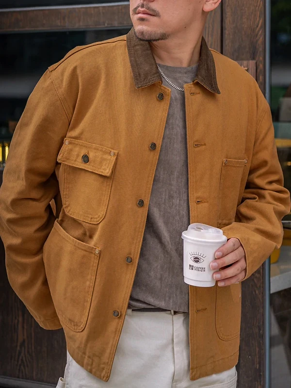 

Retro American Canvas Work Jaet Pure Cotton Spring Autumn Flip Collar Youth Faion Breathable Long Sve Color Butt...