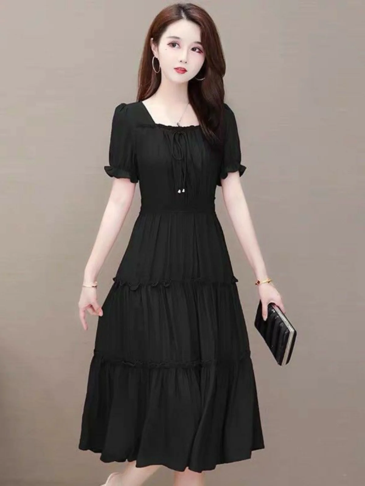 Red Midi Dress Women's Summer 2024 Fashionable Waist-Cinching Square Collar Short Sleeve  Color Pocket Square Casual Style
