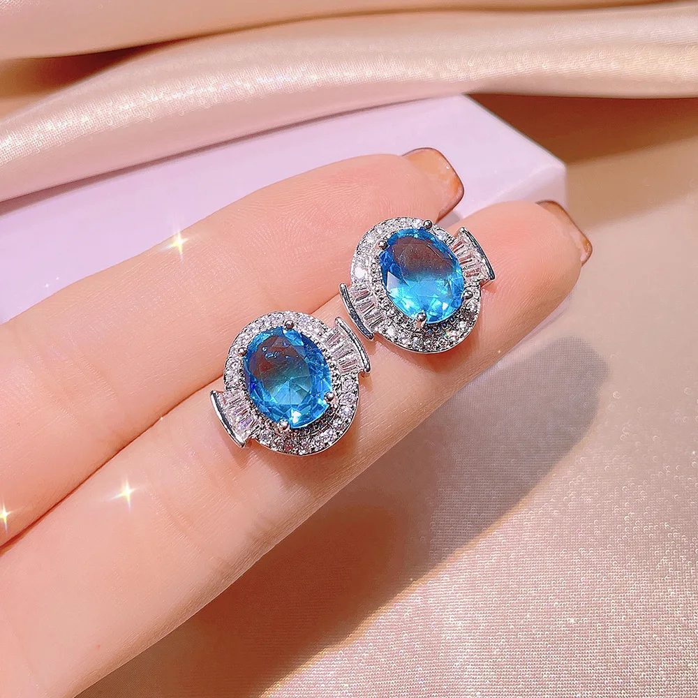 925 Silver High Quality Light Blue Zircon Ring Earring Necklace Three-Pcs Set For Ladies Wedding Party Birthday Jewelry Gift