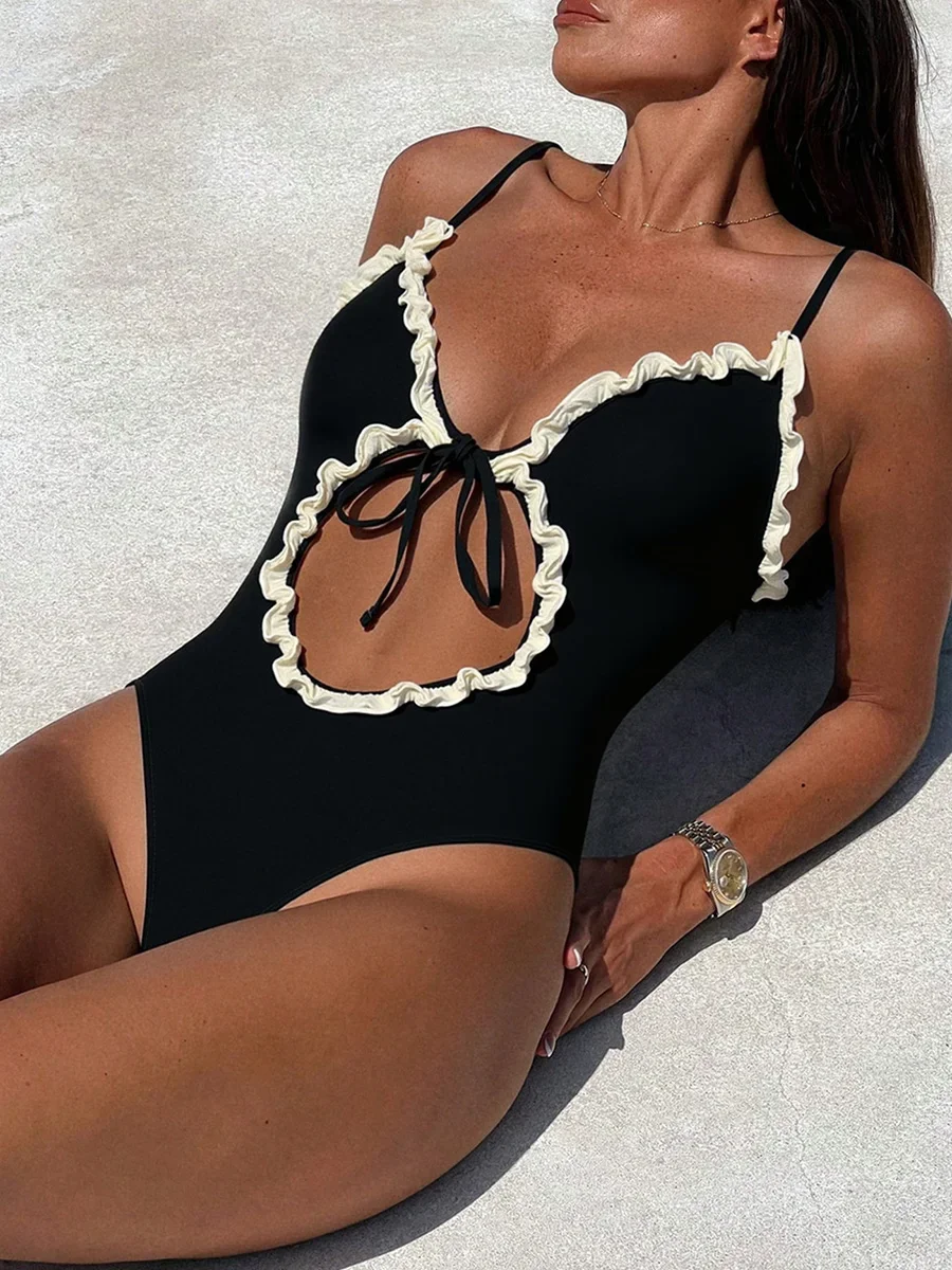 Hollow Out Ruffled Lace Trim Leopard One Piece Swimsuit Women Swimwear Female High Cut Leg Monokini Bather Bathing Suit Swim