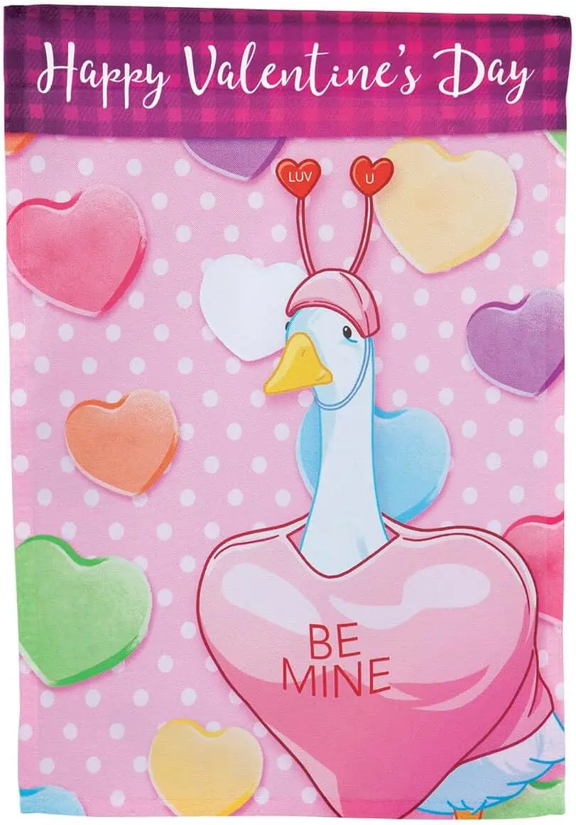 Valentines Day Goose Garden Flag - Sweet Candy Heart Theme - Whimsical Outdoor Decor - Durable and Weather-Resistant Polyester -