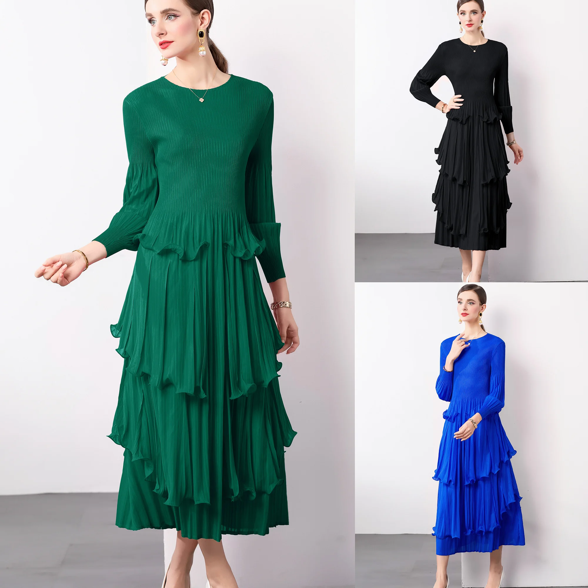 

Black fungus edge lantern sleeve long sleeved round neck long skirt pleated women's dress JWH19092089