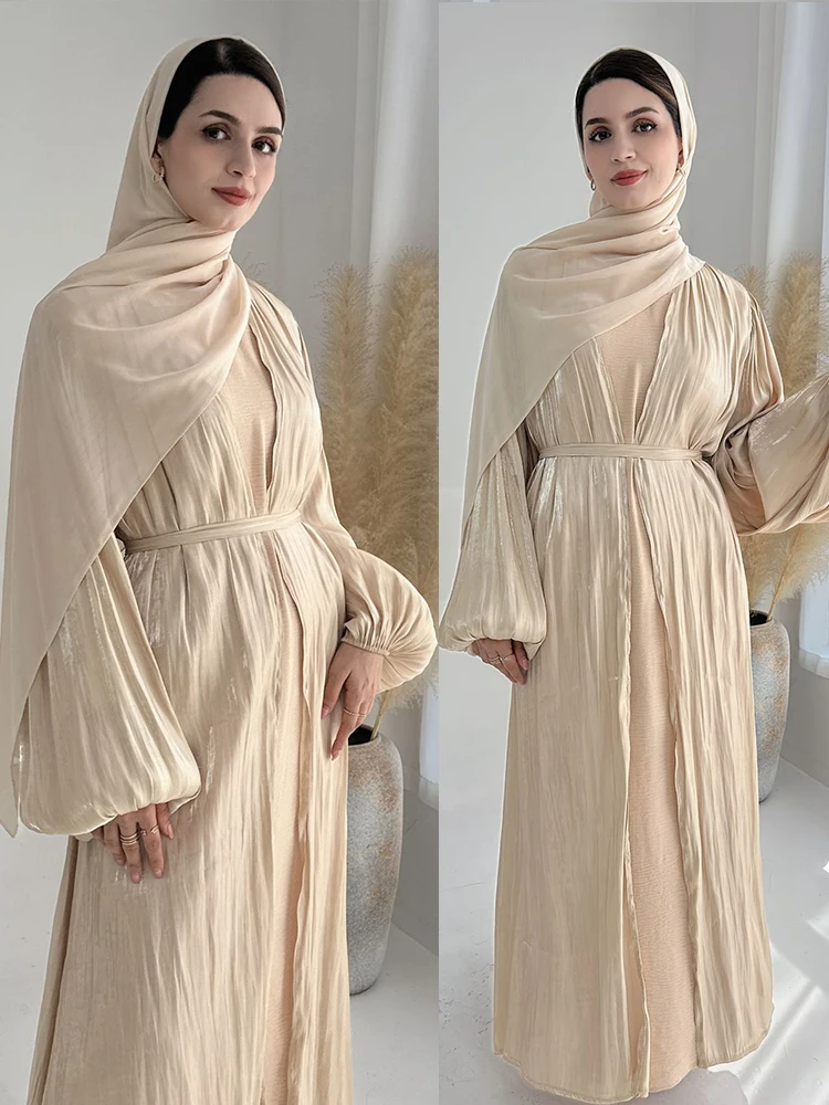 Eid Muslim Party Dress for Women Abaya with Scarf Hijab Silky Cardigan Jalabiya Long Dresses Morocco Kaftan Ramadan Gown Robe