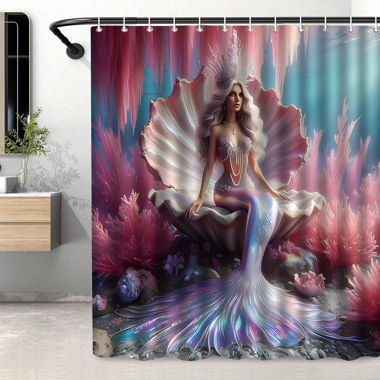 

Mermaid Shower Curtain Fantasy Sea Princess Art Shell Throne Design Magical Ocean Decor Waterproof Printed Bath Curtain Home