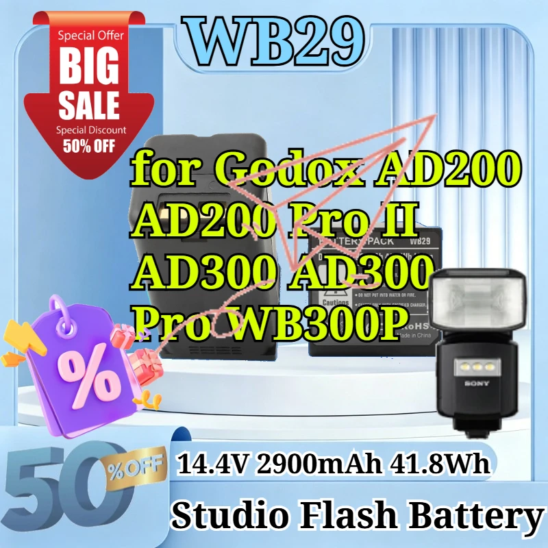 WB29 14.4V 2900mAh 41.8Wh Li-ion Studio Flash Replacement Battery for Godox AD200 AD200 Pro II AD300 AD300 Pro WB300P Capacity