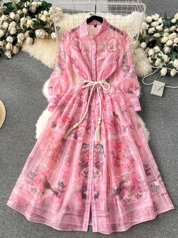 Autumn Elegant Gorgeous Party Dress Women Fashion Long Sleeve Single Breasted Dresses New Rotro Flower Print Belt Clothing 2024